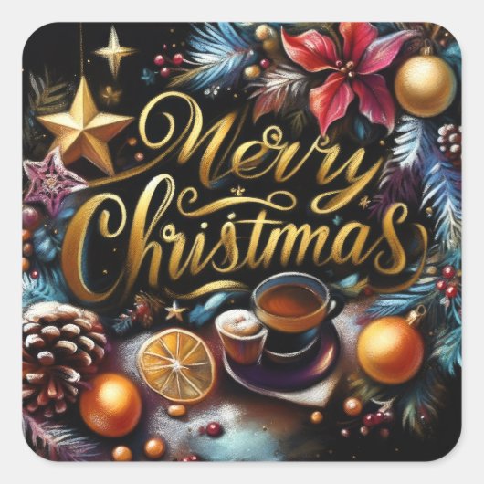 Pastel Tekening van een Kerst Whimsical Vierkante Sticker (Voorkant)