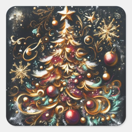 Pastel Tekening van een Kerstboom Whimsical Vierkante Sticker (Voorkant)