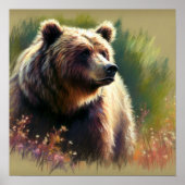 Pastel Tekening van Grizzly Beer in Natuur Poster (Voorkant)
