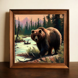 Pastel Tekening van Grizzly Beer in Natuur Poster