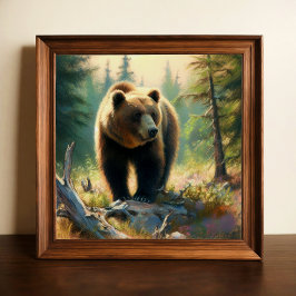 Pastel Tekening van Grizzly Beer in Natuur Poster
