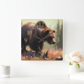 Pastel Tekening van Grizzly Beer in Natuur Vierkante Klok (Huis)