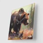 Pastel Tekening van Grizzly Beer in Natuur Vierkante Klok (Hoek)