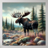 Pastel Tekening van Moose in Natuur Poster (Voorkant)