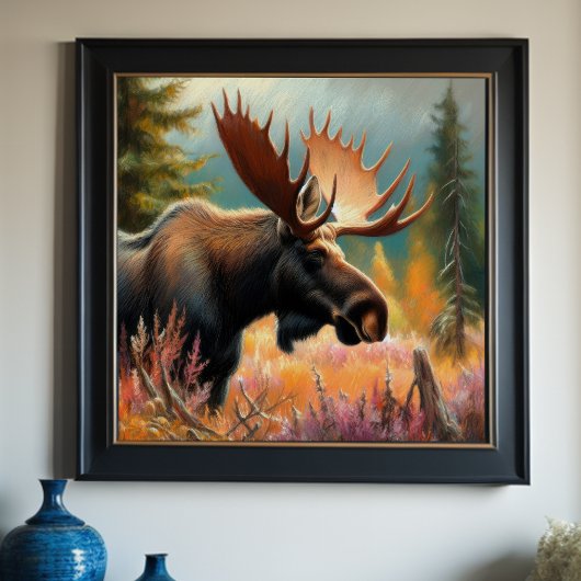 Pastel Tekening van Moose in Natuur Poster