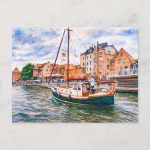 Pastel tekening van zeilboot op Motlawa in Danzig  Feestdagenkaart