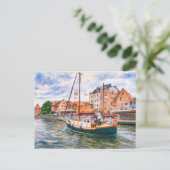 Pastel tekening van zeilboot op Motlawa in Danzig Feestdagenkaart (Staand voorkant)