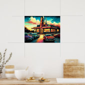 Pastel tekening vintage diner en auto's poster (Keuken)