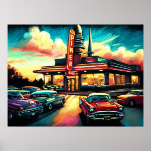 Pastel tekening vintage diner en auto's poster (Voorkant)