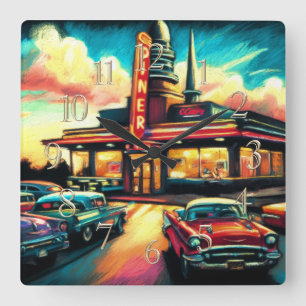 Pastel tekening vintage diner en auto's vierkante klok