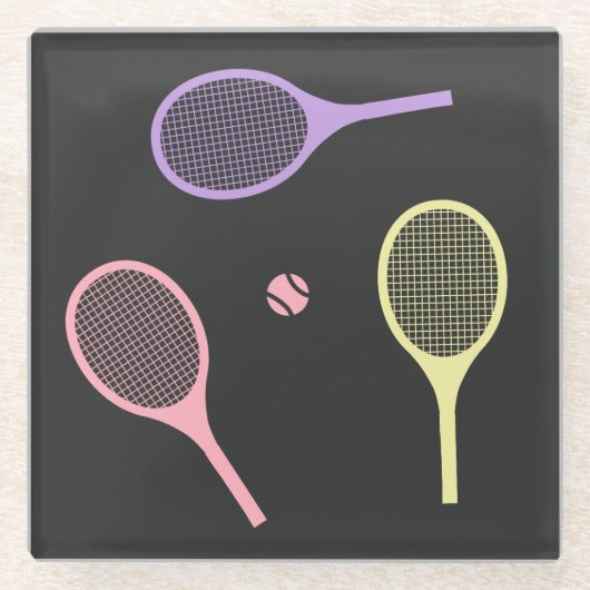 Pastel Tennis Rackets met Tennis Ball op Black Glazen Onderzetter (Voorkant)