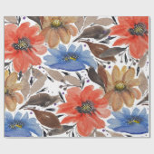 Pastel Terracotta Blauw Bloemen Waterverf Patroon Cadeaupapier (Vlak)