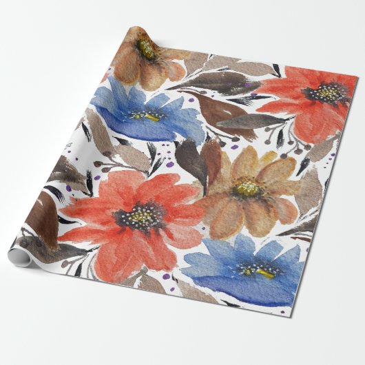 Pastel Terracotta Blauw Bloemen Waterverf Patroon Cadeaupapier (Uitgerold)