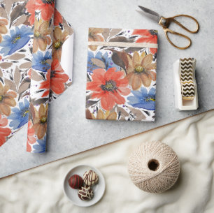 Pastel Terracotta Blauw Bloemen Waterverf Patroon Cadeaupapier