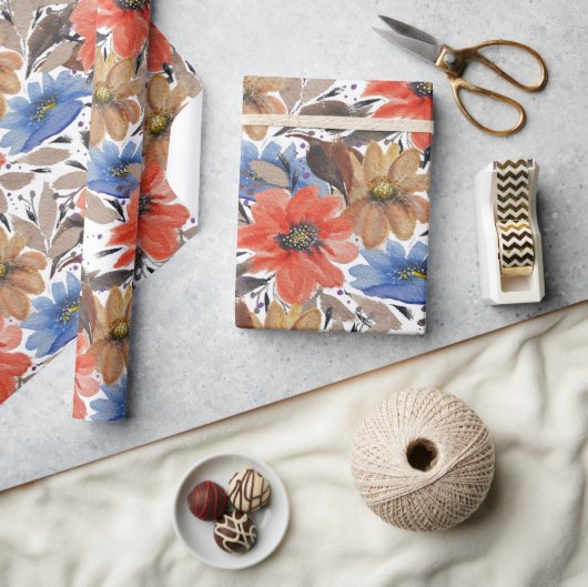 Pastel Terracotta Blauw Bloemen Waterverf Patroon Cadeaupapier (Crafts)