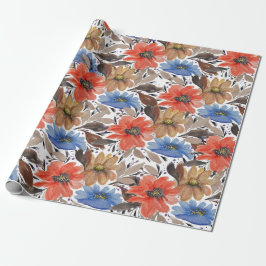Pastel Terracotta Blauw Bloemen Waterverf Patroon Cadeaupapier