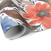 Pastel Terracotta Blauw Bloemen Waterverf Patroon Cadeaupapier (Rol Hoek)