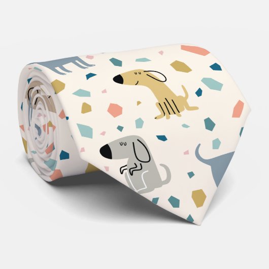 Pastel Terrazzo Funny Cute Dog Pattern Stropdas (Opgerold)