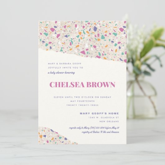 Pastel Terrazzo Slab Modern Baby shower Aankondiging (Staand voorkant)