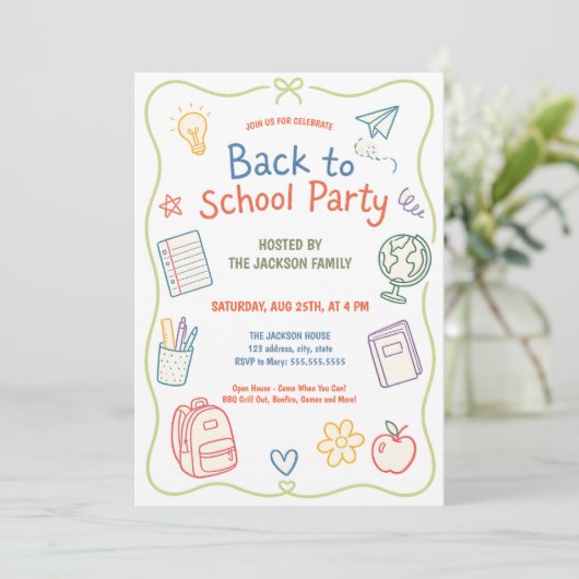 Pastel Terug naar School Feest Doodle Kaart (Staand voorkant)