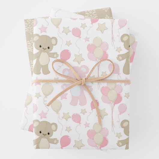 PASTEL TINTEN VAN ROZE & TAN TEDDYBEREN STERREN INPAKPAPIER VEL (In situ)