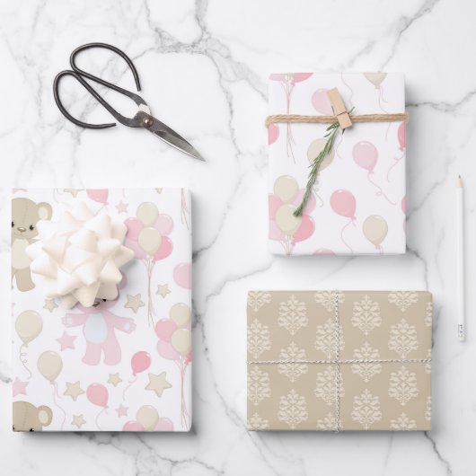 PASTEL TINTEN VAN ROZE & TAN TEDDYBEREN STERREN INPAKPAPIER VEL (Voorkant)