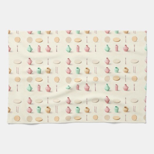 Pastel toned isometric low poly vases and cutlery theedoek (Horizontaal)