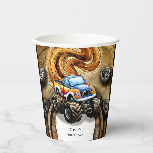 Pastel Track Monster Truck Verjaardag Papieren Bekers (Voorkant)