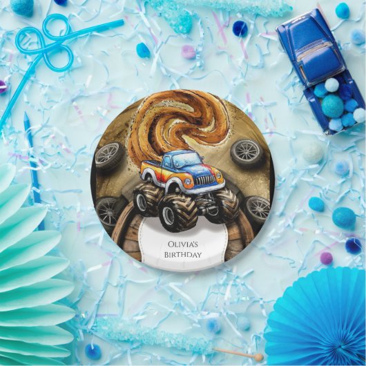 Pastel Track Monster Truck Verjaardag Papieren Bordje (Feest)