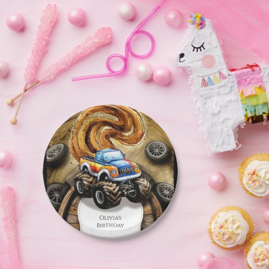 Pastel Track Monster Truck Verjaardag Papieren Bordje (Feest)
