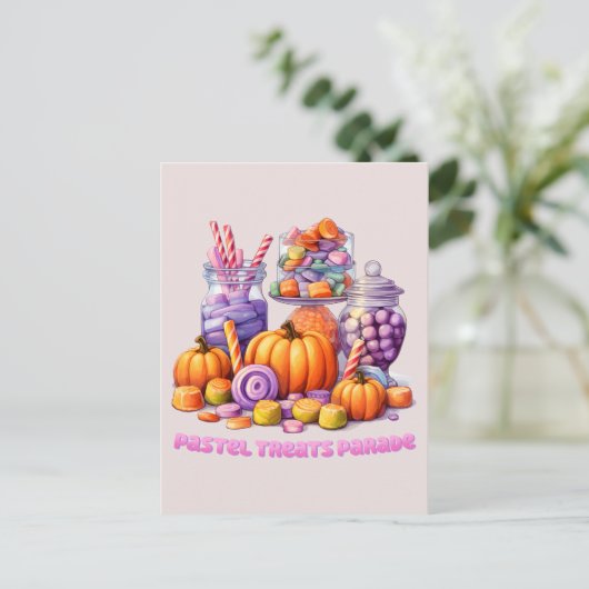Pastel Treats Parade – Schattige Snoep & pompoen Briefkaart (Staand voorkant)
