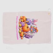 Pastel Treats Parade – Schattige Snoep & pompoen Golfhanddoek (Horizontaal)
