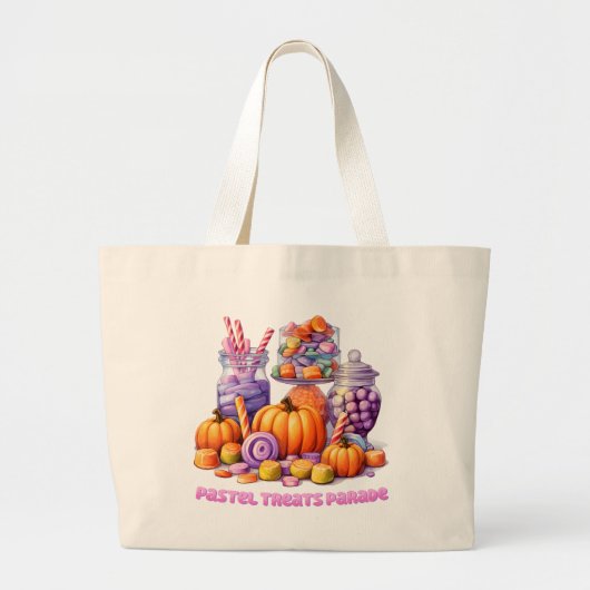 Pastel Treats Parade – Schattige Snoep & pompoen Grote Tote Bag (Voorkant)