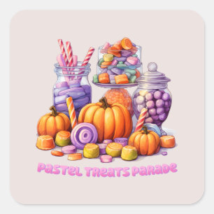 Pastel Treats Parade – Schattige Snoep & pompoen Vierkante Sticker