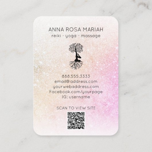 *~* Pastel Tree of Life Yoga QR code Glitter Visitekaartje (Achterkant)