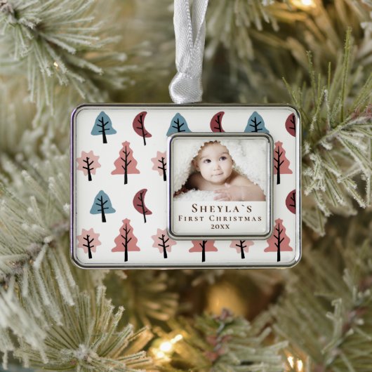 Pastel Tree Pattern Baby's eerste kerstfoto Verzilverd Omlijst Ornament (Boom)