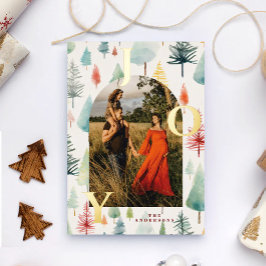 Pastel Trees Arch Photo Gold Foil Christmas Card Folie Feestdagenkaart