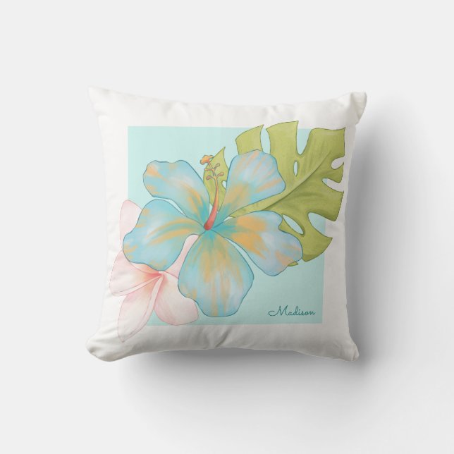 Pastel Tropical Floral Arrangement met naam Kussen (Voorkant)