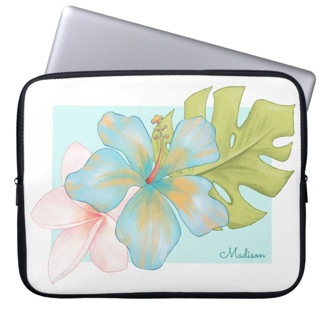 Pastel Tropical Floral Bouquet with Name Laptop Sleeve (Voorkant)
