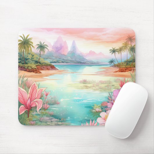 Pastel Tropical Island Beach Sunset Mountains Muismat (Met muis)
