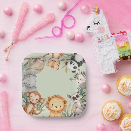 Pastel Tropical Wild One Oerwoud Safari Dieren Papieren Bordje (Feest)