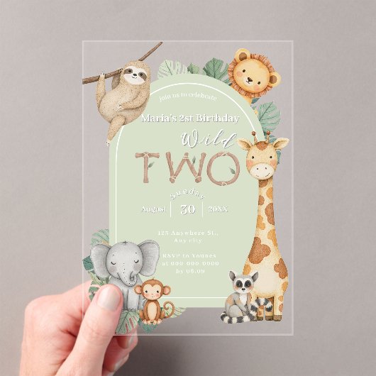 Pastel Tropical Wild Twee Oerwoud Safari Dieren Acryl Uitnodigingen (Insitu (Draagbaar))