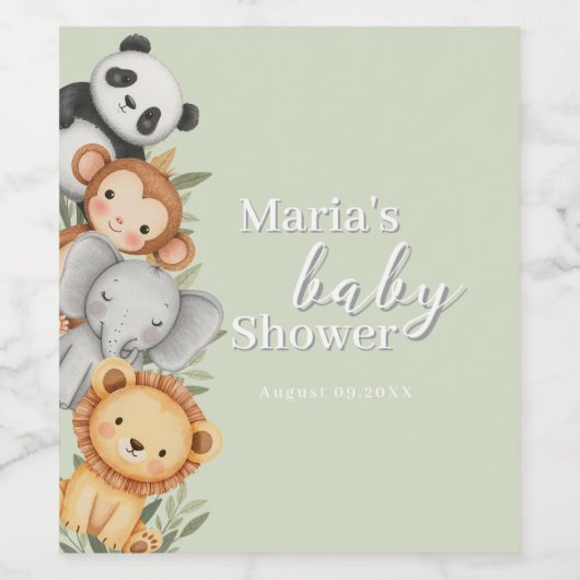 Pastel Tropisch Baby shower Oerwoud Safari Dieren Wijn Etiket (Enkel label)