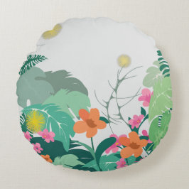 Pastel Tropische Bladeren en Bloemen Rond Kussen