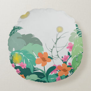 Pastel Tropische Bladeren en Bloemen Rond Kussen