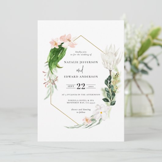 Pastel tropische + gouden geometrische trouwuitnod save the date (Staand voorkant)