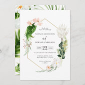 Pastel tropische + gouden geometrische trouwuitnod save the date (Voorkant / Achterkant)