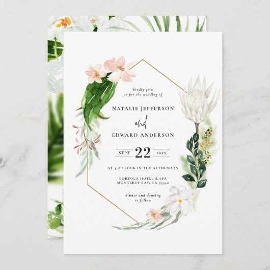 Pastel tropische + gouden geometrische trouwuitnod save the date (Voorkant / Achterkant)