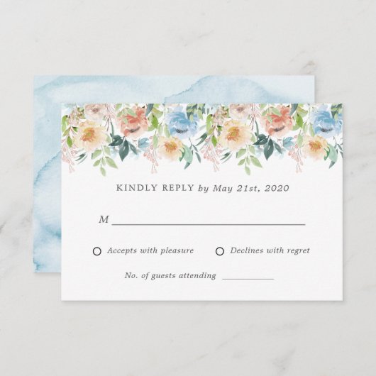 Pastel Tuin Blauwe Bloemige Trouw RSVP antwoordkaa (Voorkant / Achterkant)