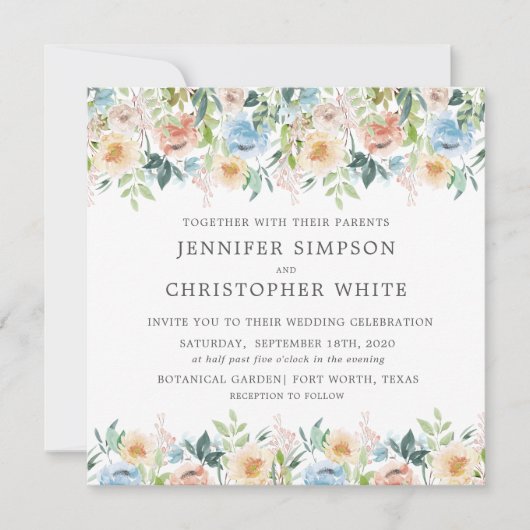 Pastel Tuin Bloemen Vierkant Bruiloft uitnodiging (Voorkant)